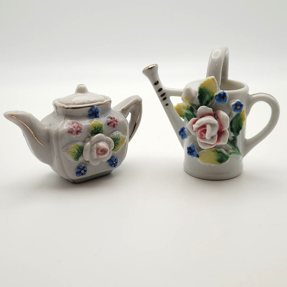 Vintage Miniature Floral Teapot Watering Can Figurine Set Japan Cottagecore